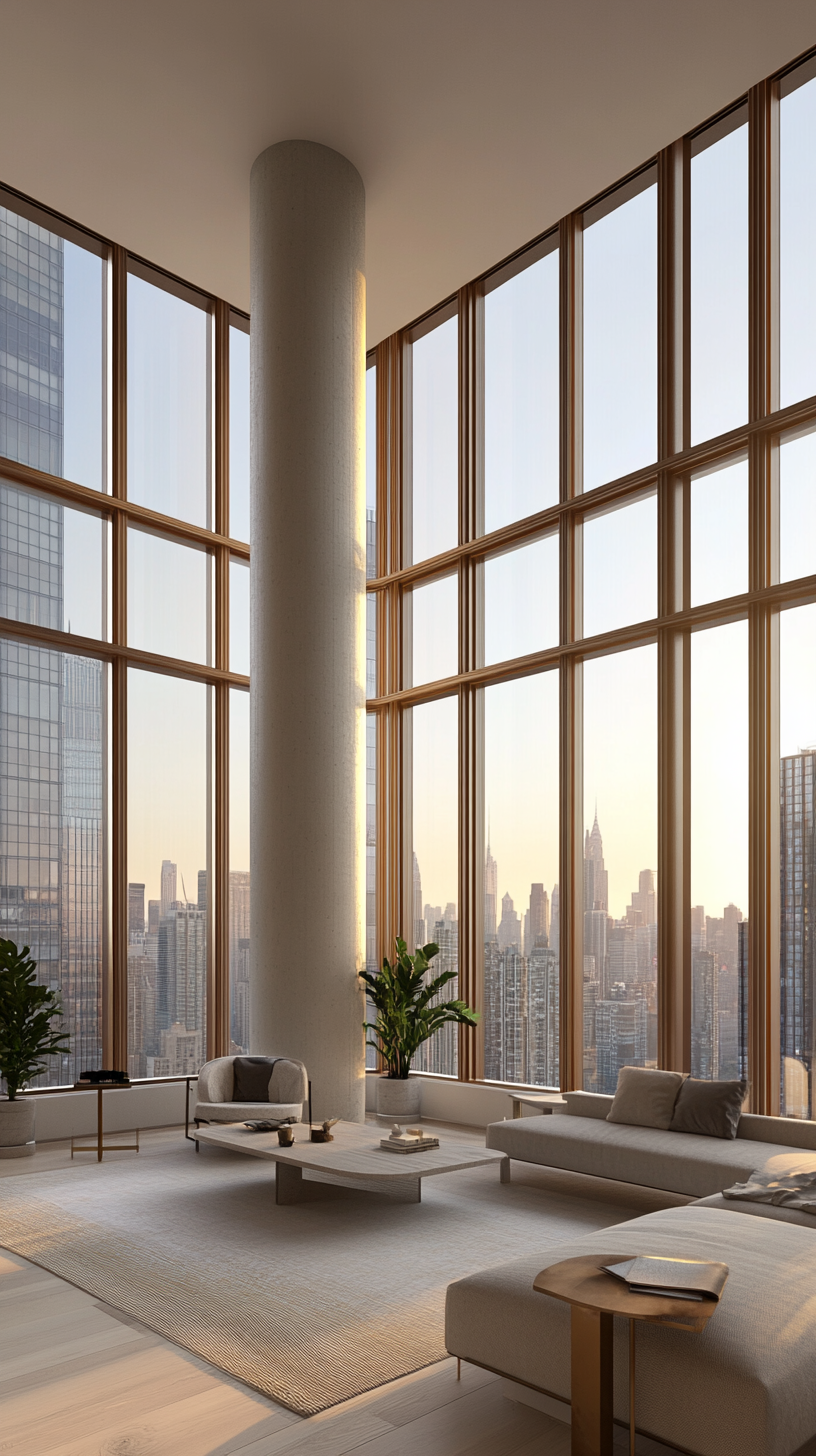 High-rise apartment with panoramic skyline views through floor-to-ceiling windows
