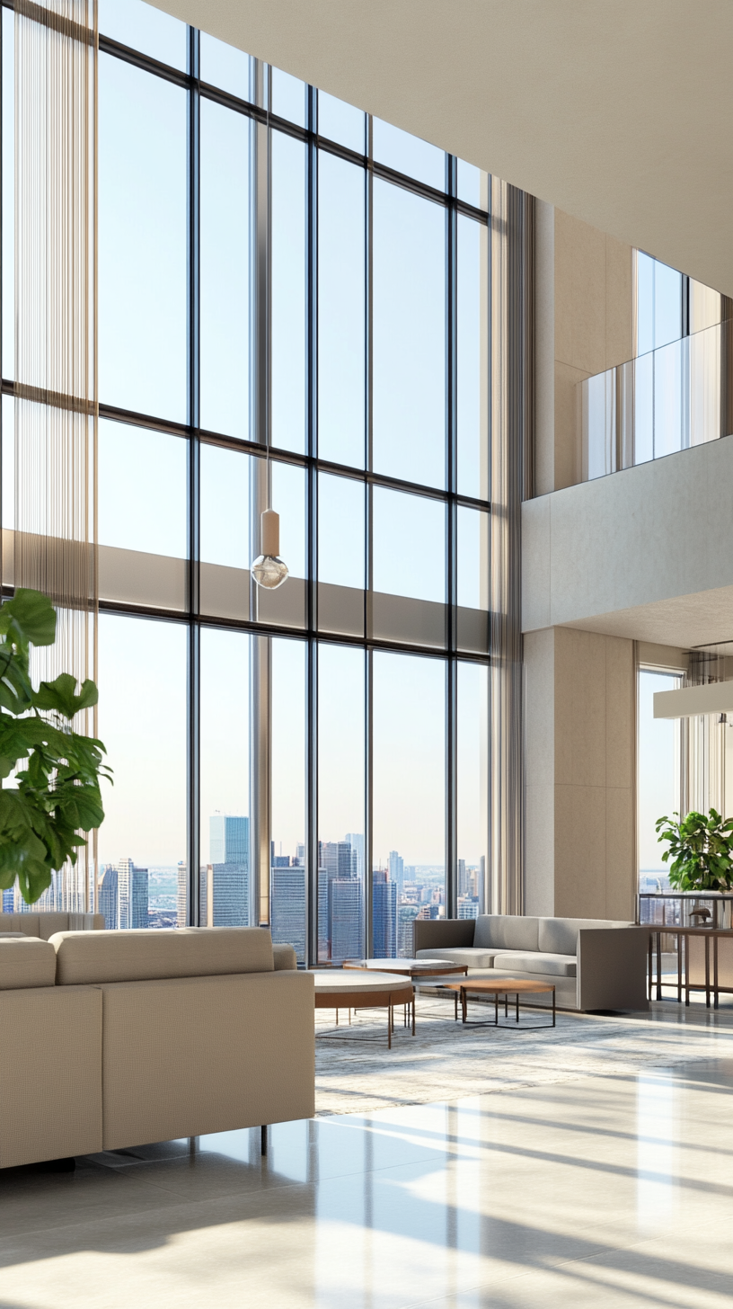 Contemporary apartment with floor-to-ceiling windows showcasing skyline views.